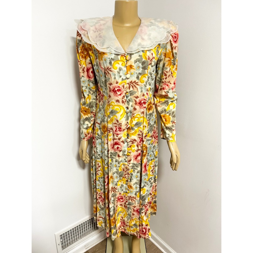 Leslie Fay Vintage Floral Midi Dress Petite 12 Scalloped Sheer Collar Rayon Pink
